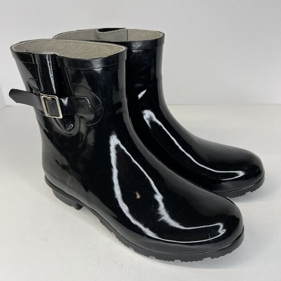 Nomad Dew Waterproof Rain Boots Womens Size 8 Silver Buckle Shiny Solid Black - Picture 2 of 9